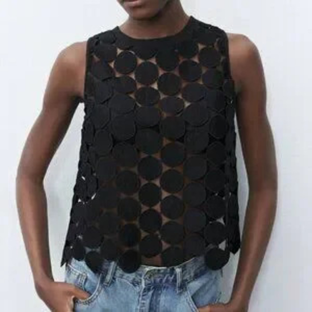 ZARA Black Casual Womens Round Polka Dot Breathable Tank Top